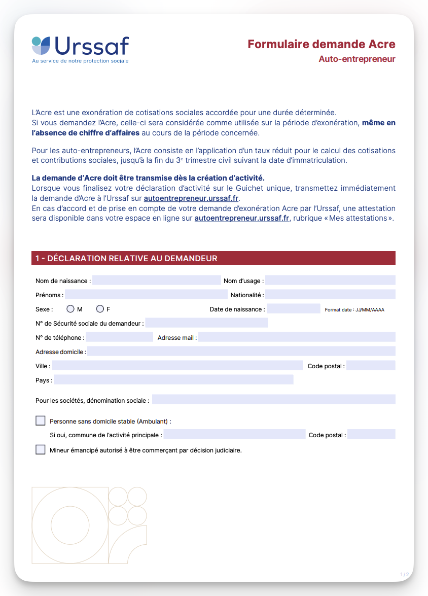 formulaire demande d'acre 2026