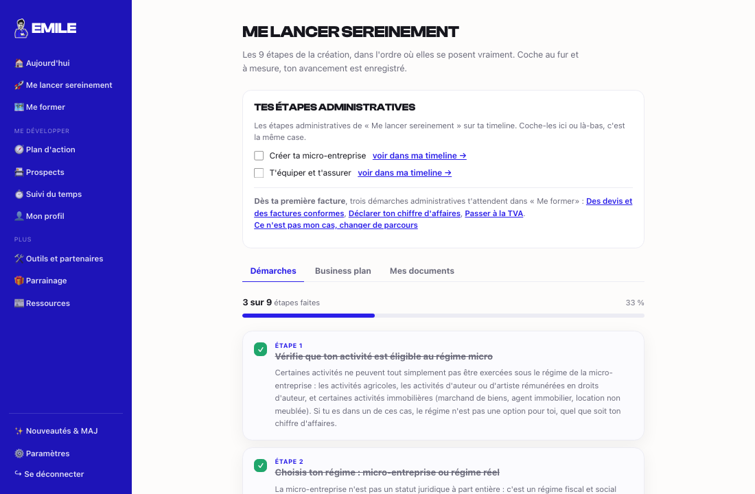 La page « Me lancer sereinement » de l'espace Emile : les étapes administratives de la timeline, puis la checklist de création en neuf démarches, les trois premières cochées (éligibilité au régime micro, choix du régime, catégorie BIC ou BNC et code APE).