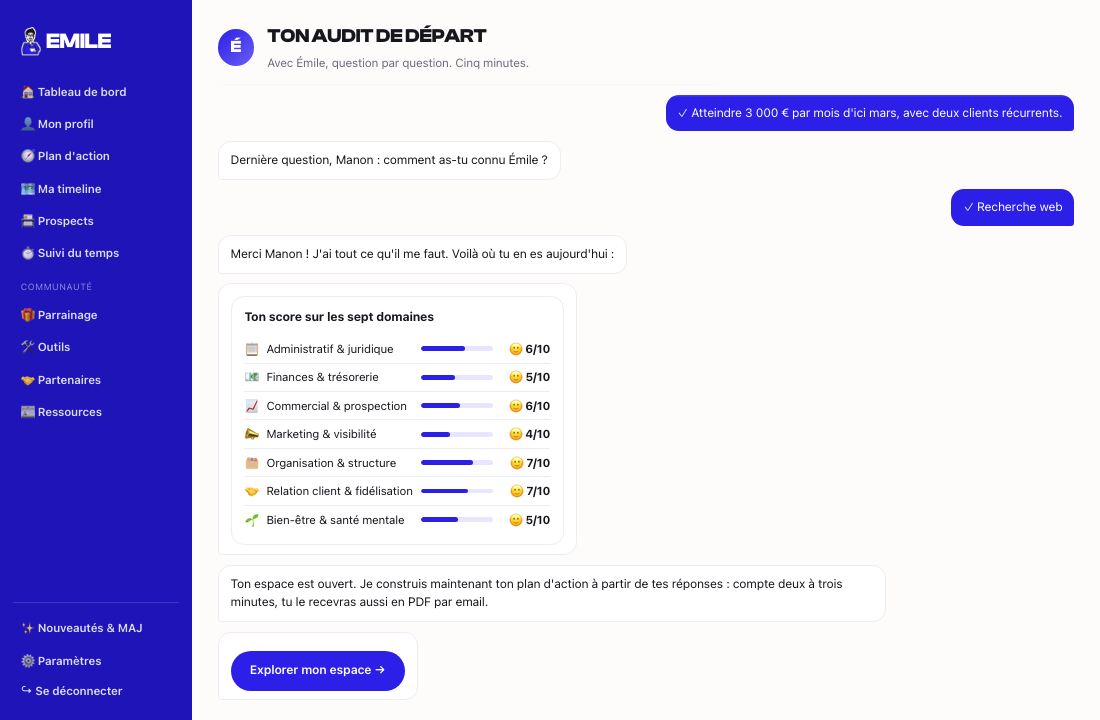 Fin de l'audit complet : la carte « Ton score sur les sept domaines », une barre et une note sur dix par domaine, après les dernières questions de la conversation
