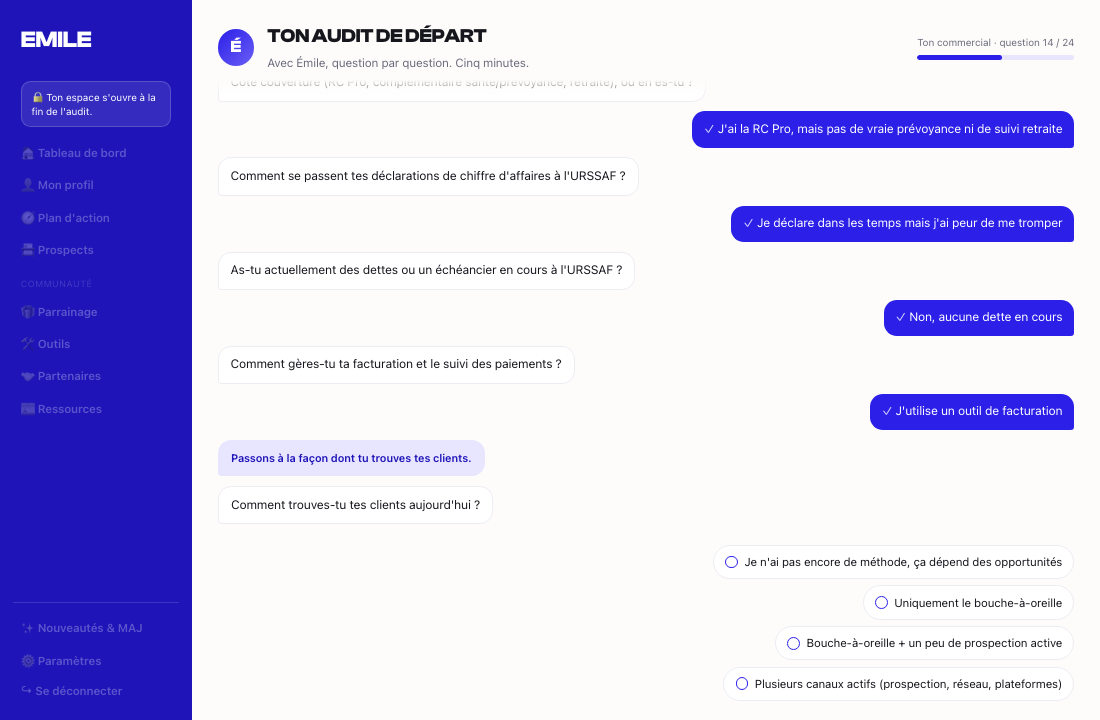 L'audit avec Émile : il pose ses questions une à une, tu réponds d'un clic