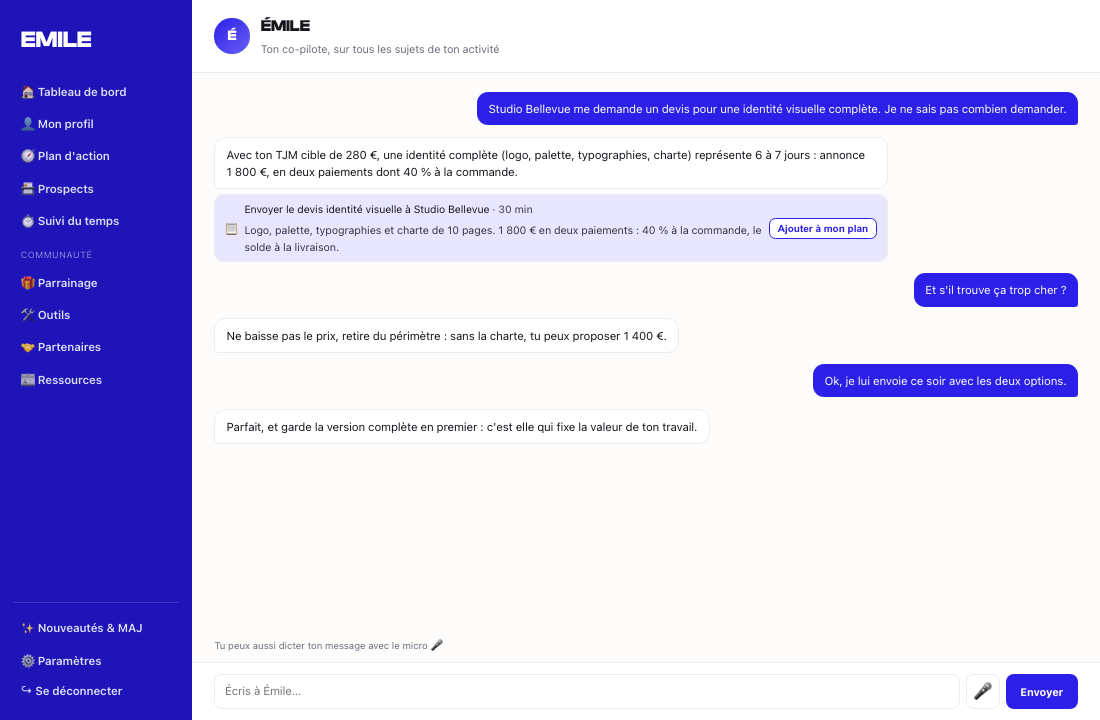 Une conversation avec Émile dans l'espace Emile : à la question d'un devis pour une identité visuelle, Émile chiffre 1 800 € à partir du TJM cible, propose une tâche « Envoyer le devis identité visuelle à Studio Bellevue » avec le bouton « Ajouter à mon plan », puis conseille de retirer du périmètre plutôt que de baisser le prix
